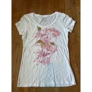 Merona Floral T-Shirt Sparkle Accents Short Sleeve Top White Size S slight stain